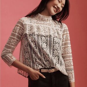 By Anthropologie Mock-Neck 3/4 Sleeve Victorian Lace Top Sz L